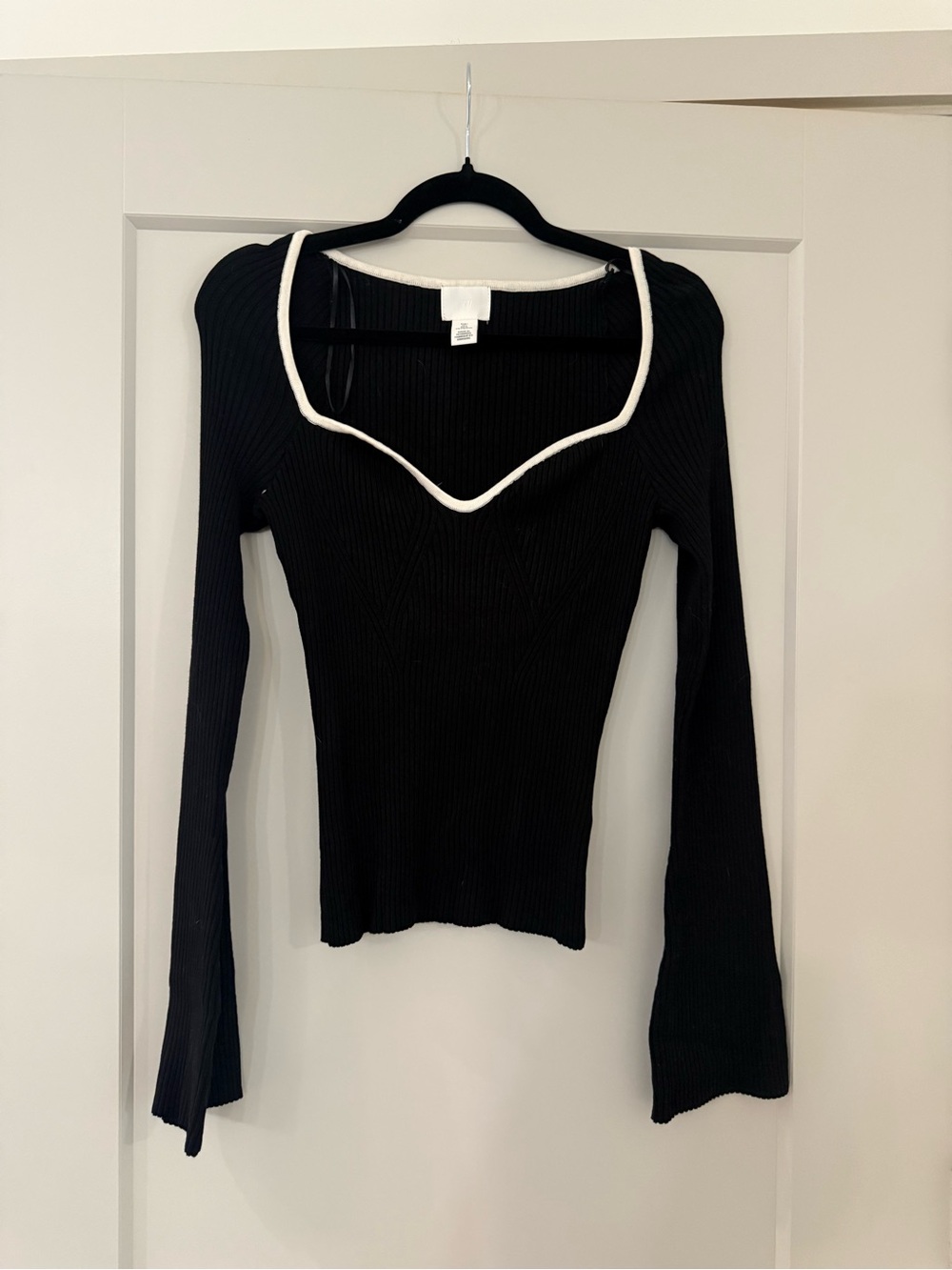 H&M Black Ribbed Long-Sleeve Top with White Trim
